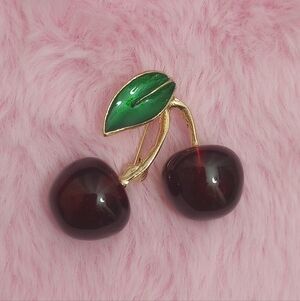 Vintage Cherry Brooch with Green Leaf Accent